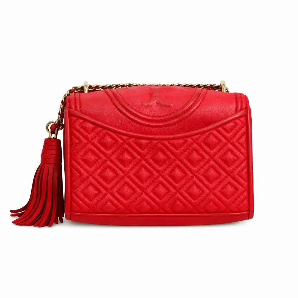 Tory Burch Micro Fleming Convertible Crossbody Bag Red Leather Chain Strap